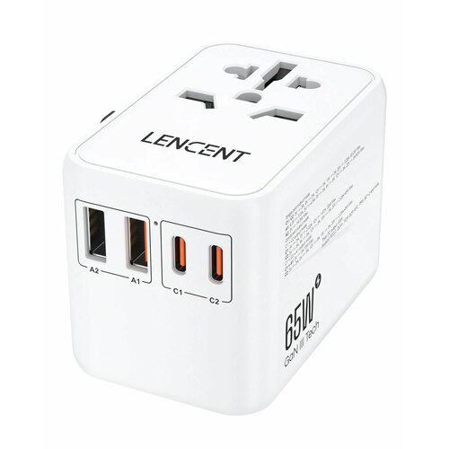 Линцент универсальный адаптер 65 Вт 2 USB, White 65W GaN 2U2C, Universal Plug