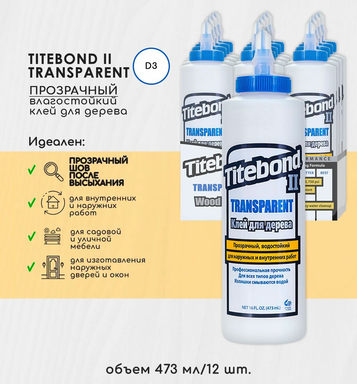 Клей для дерева Titebond II Transparent столярный влагостойкий прозрачный 473 мл Коробка 12 шт