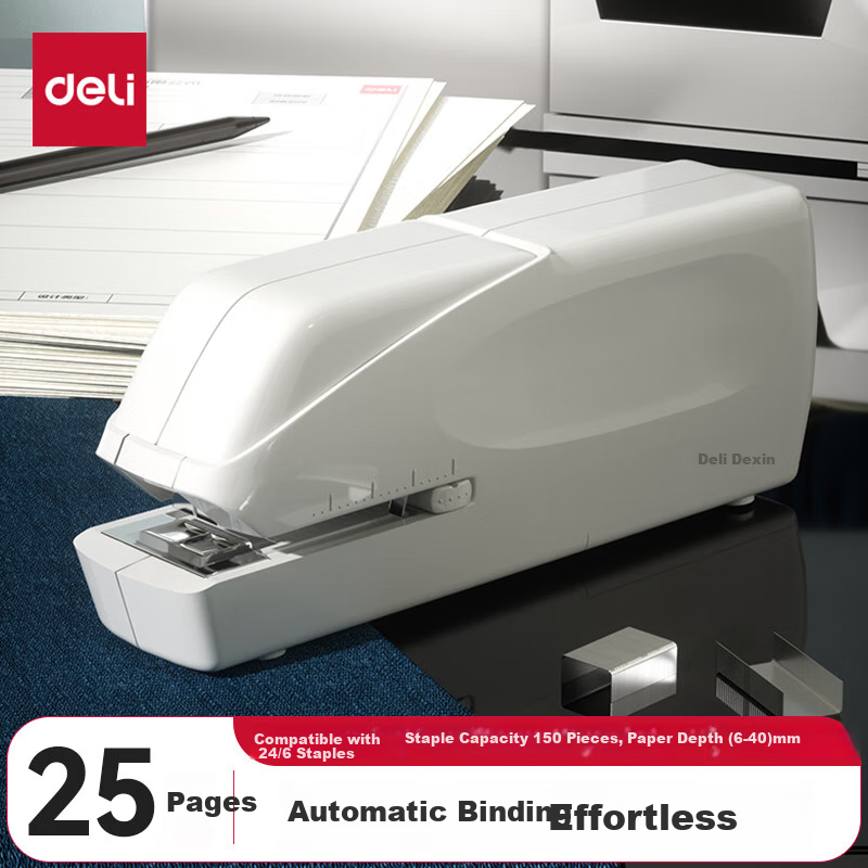 Deli Dual Power Electric Stapler Electronic Automatic Binding Machine Compatible with 24/6 or 26/6 Staples Office Supplies White 0489