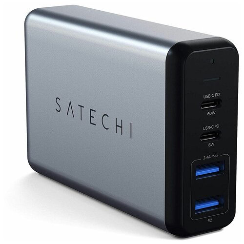 Сетевое зарядное устройство Satechi Dual 75W Type-C Travel Charger with USB-C PD Fast. Входное напряжение 100-240В. Разъемы USB-C PD 60W - 1 шт. USB-C PD 18W - 1 шт. USB 5В/24А - 2 шт. Цвет серебряный.