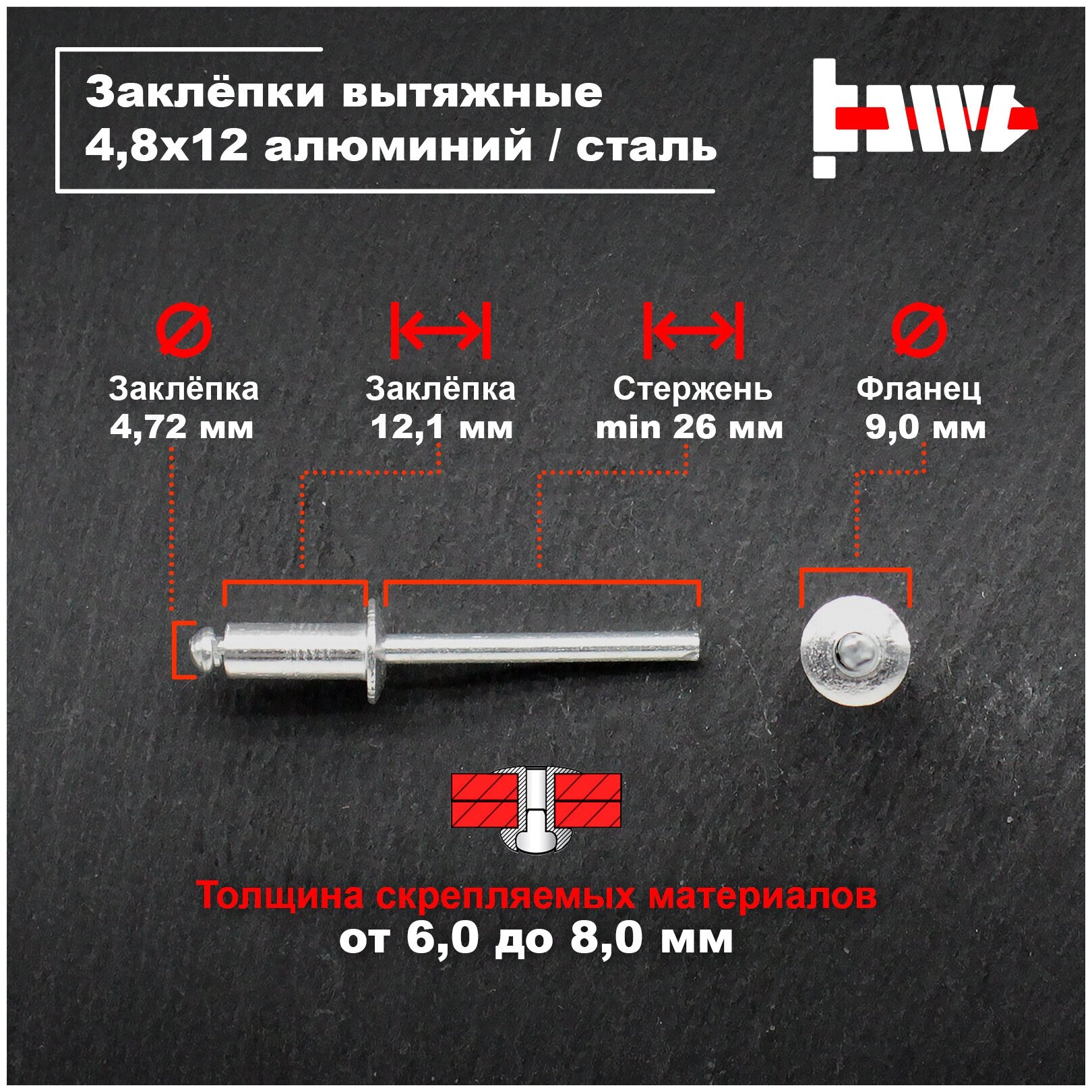 Заклёпки вытяжные, для заклёпочника, алюминиевые 4,8х12 100 шт - фотография № 3