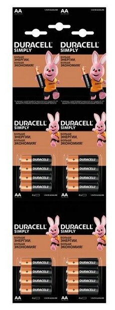 Батарейка DURACELL SIMPLY LR6 отрывной 4*4 BL16, 16 шт. в упаковке