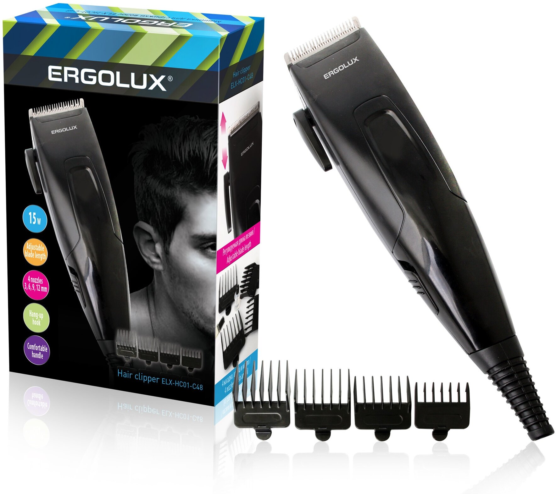 Машинка для стрижки волос ERGOLUX ELX-HC01-C48 15Вт 4 насадки 3-12 мм арт.13135