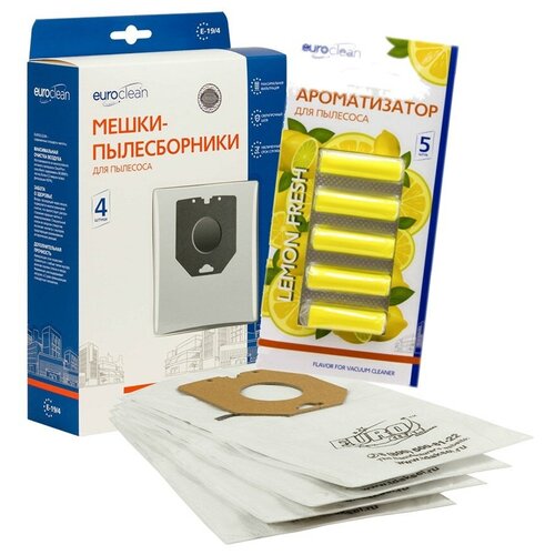 Мешки-пылесборники Euroclean синтетические 4 шт и ароматизатор "Лимон" для пылесоса PHILIPS HR8891 VISION