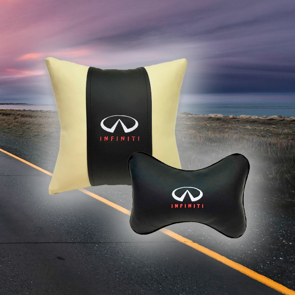 Комплект автомобильных подушек из экокожи и вышивкой для Infiniti (инфинити) (подушка на подголовник и автомобильная подушка)