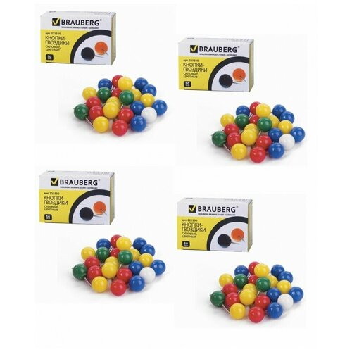 фото Силовые кнопки-гвоздики brauberg, цветные (шарики), 50 шт., в картонной коробке, 221550 (4 штуки) 221550-4