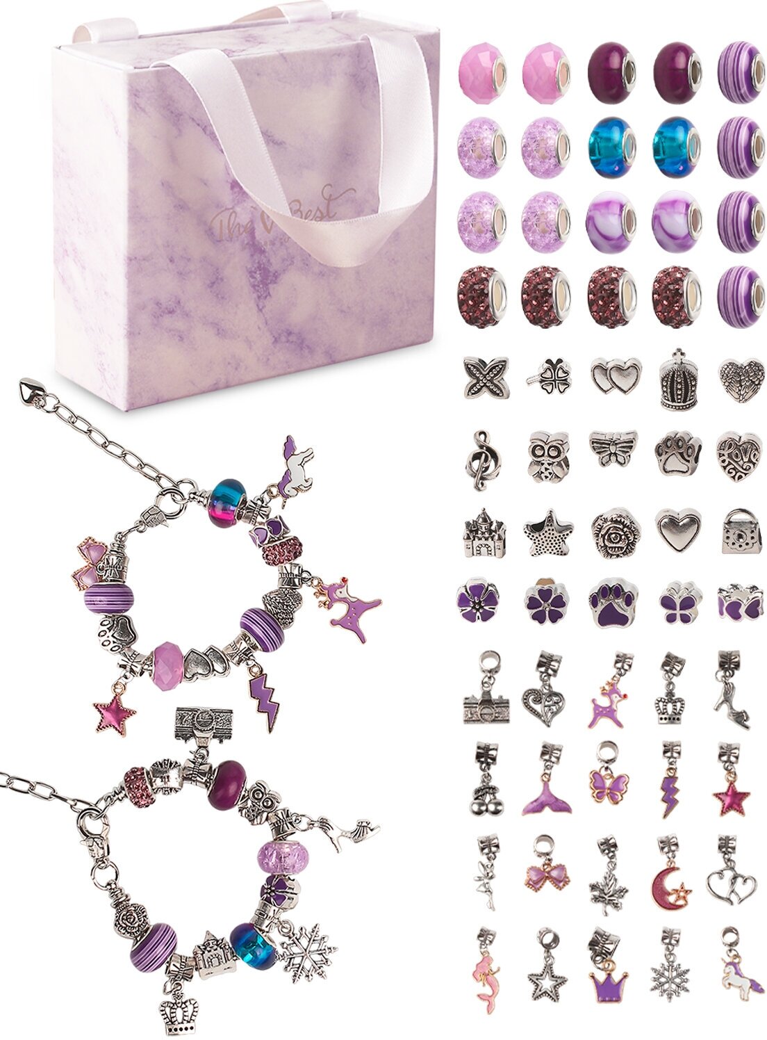 Детский подарочный набор для создания браслетов с шармами "Фиолетовый" - 66 предметов для девочек, подарок для творчества, детская бижутерия