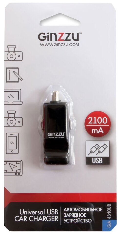 Автомобильная зарядка Ginzzu GA-4310UB Черный