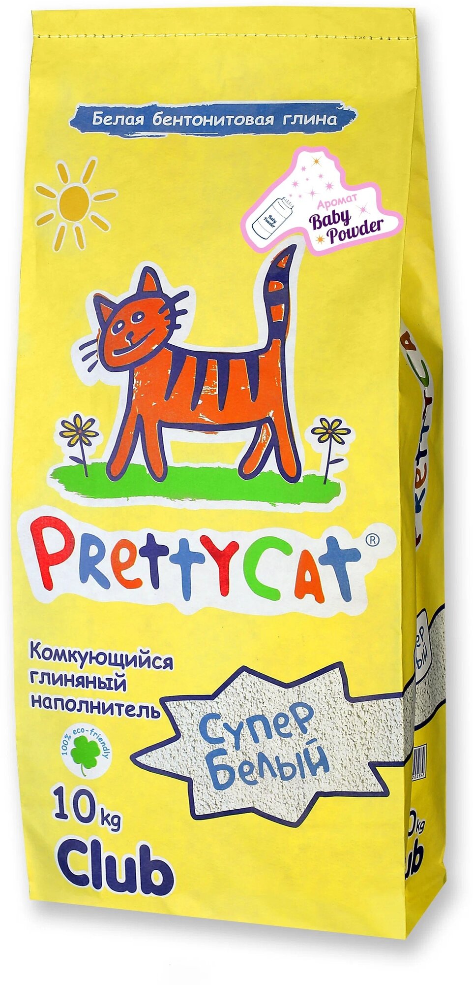 Комкующийся бентонитовый наполнитель для кошачьего туалета "PrettyCat Cупер белый" с детской присыпкой 10 кг - фотография № 1