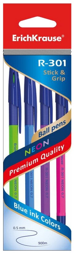 Ручка шариковая Erich Krause R-301 Neon 0.7 Stick&Grip в наборе из 4 штук пакет - фото №1