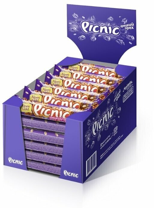 Шоколадный батончик Пикник Picnic Грецкий орех  с грецким орехом и арахисом  35 шт по 52 г