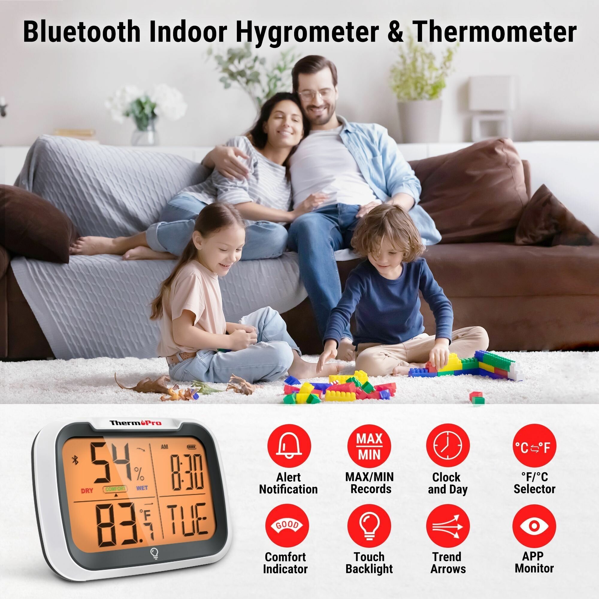 Домашний беспроводной цифровой Bluetooth термометр-гигрометр ThermoPro TP393 с большой подсветкой, с датой и часами - фотография № 7