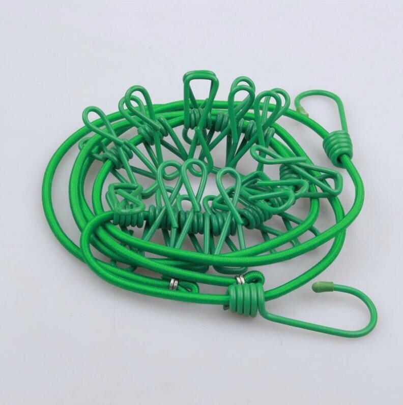 Портативная эластичная веревка для сушки белья с прищепками, зеленая - фотография № 3