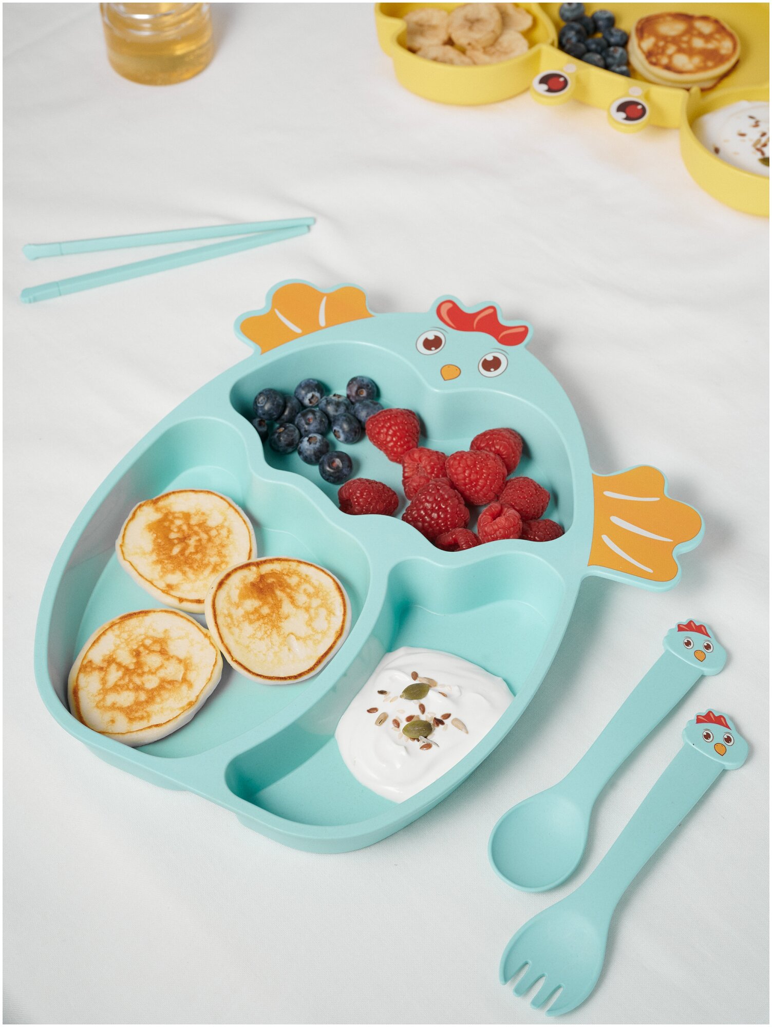 Детская посуда набор Цыпленок детская тарелка, ложка, вилка, голубая