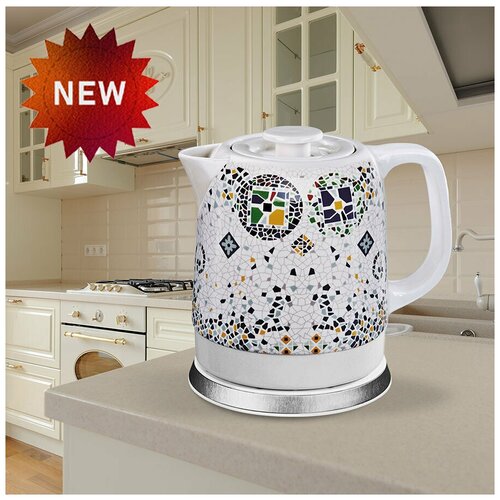 Электрический керамический чайник домашний с рисунком объем 15 л защита от перегрева для дома офиса белый мозайка 398800₽