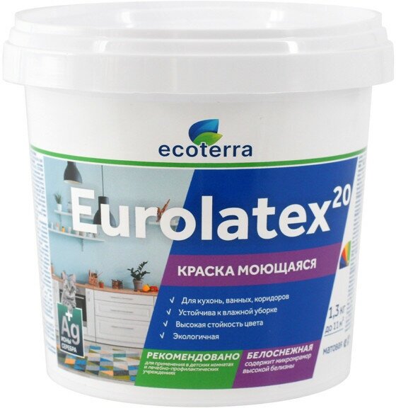 Краска акриловая ECOTERRA Eurolatex 20 для стен и потолков моющаяся 1,3кг белая, арт. ЭК000135295