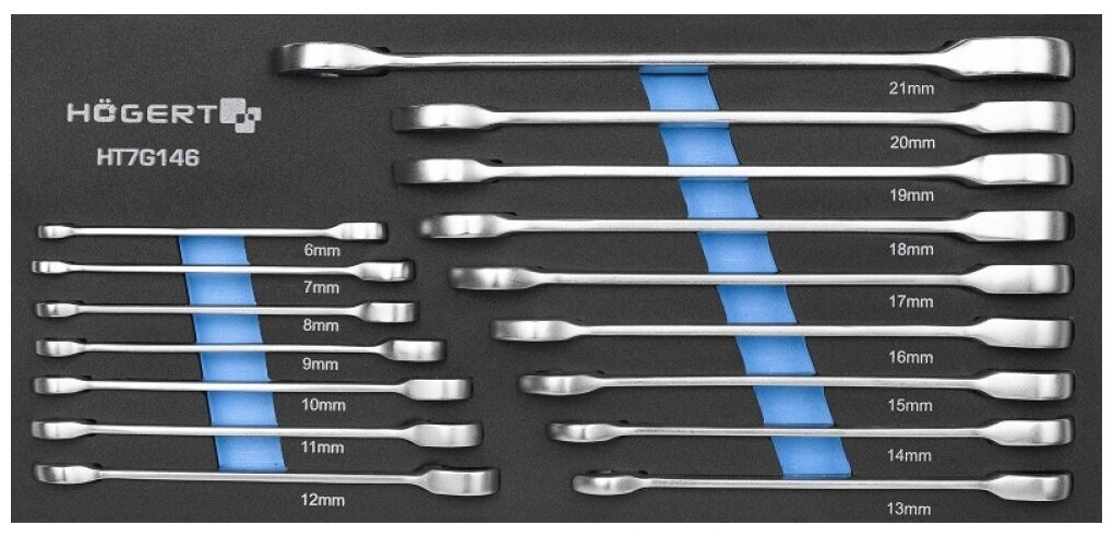 HOEGERT TECHNIK Набор рожково-накидных ключей с трещоткой 16шт. HT1R006-HT1R021 HT7G146