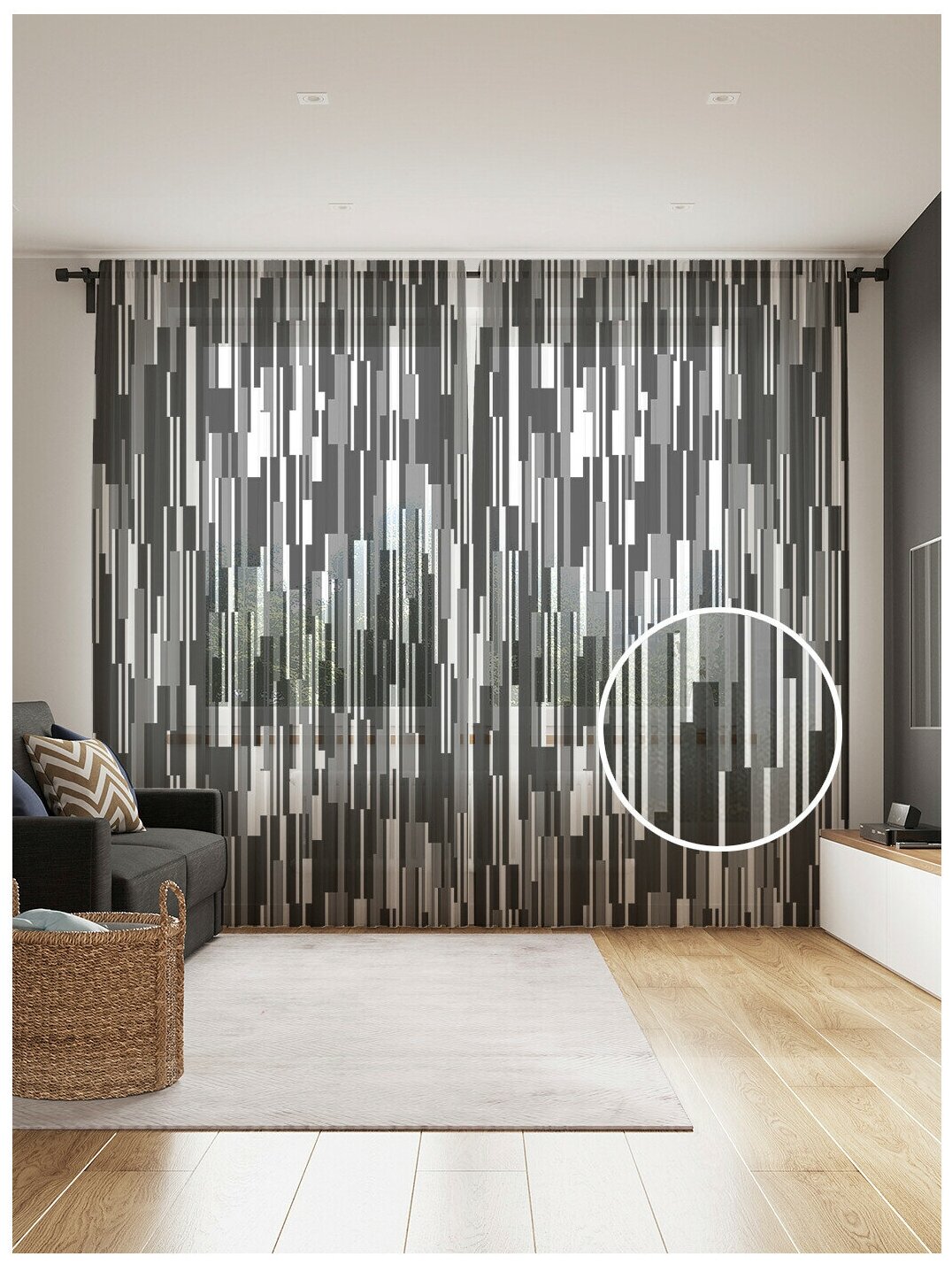 фото Тюль, фототюль длинный JoyArty "Вертикальные штрихи" высота 265 см, ширина 145 см (2 полотна) на шторной ленте, крючки в комплекте