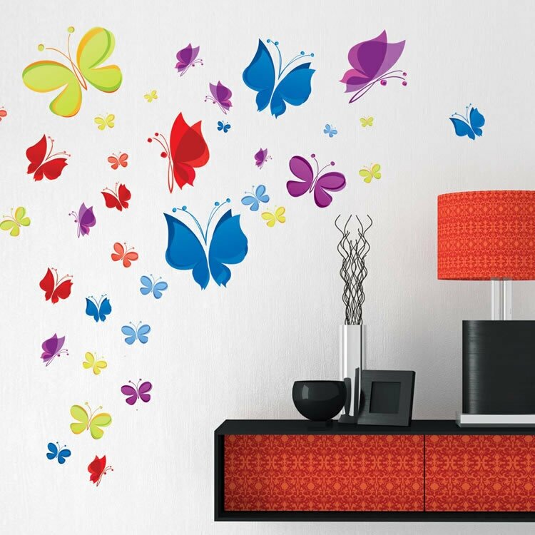 Интерьерная наклейка Веселые бабочки разноцветная композиция из бабочек размер 130 на 70 см.