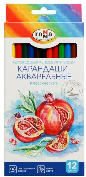 Карандаши акварельные 12 цветов, Гамма "Классические", с кистью, шестигранные, заточенные, картонная упаковка