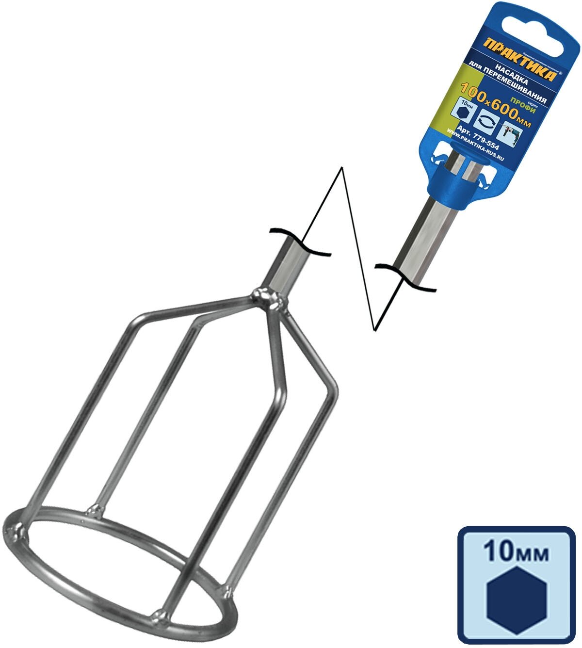 Венчик для миксера 100 х 600 мм HEX 10 (гипсовые, цементно-песчаные смеси) ПРАКТИКА 779-554