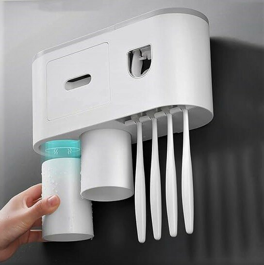 Органайзер для ванной с держателем для зубных щеток, дозатором для пасты и двумя стаканами