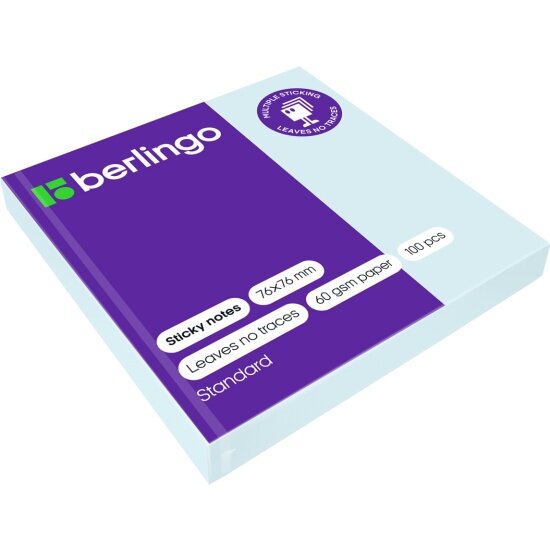 Бумага для заметок Berlingo с клеевым краем Стандарт, 76*76 мм, 100 л, голубой