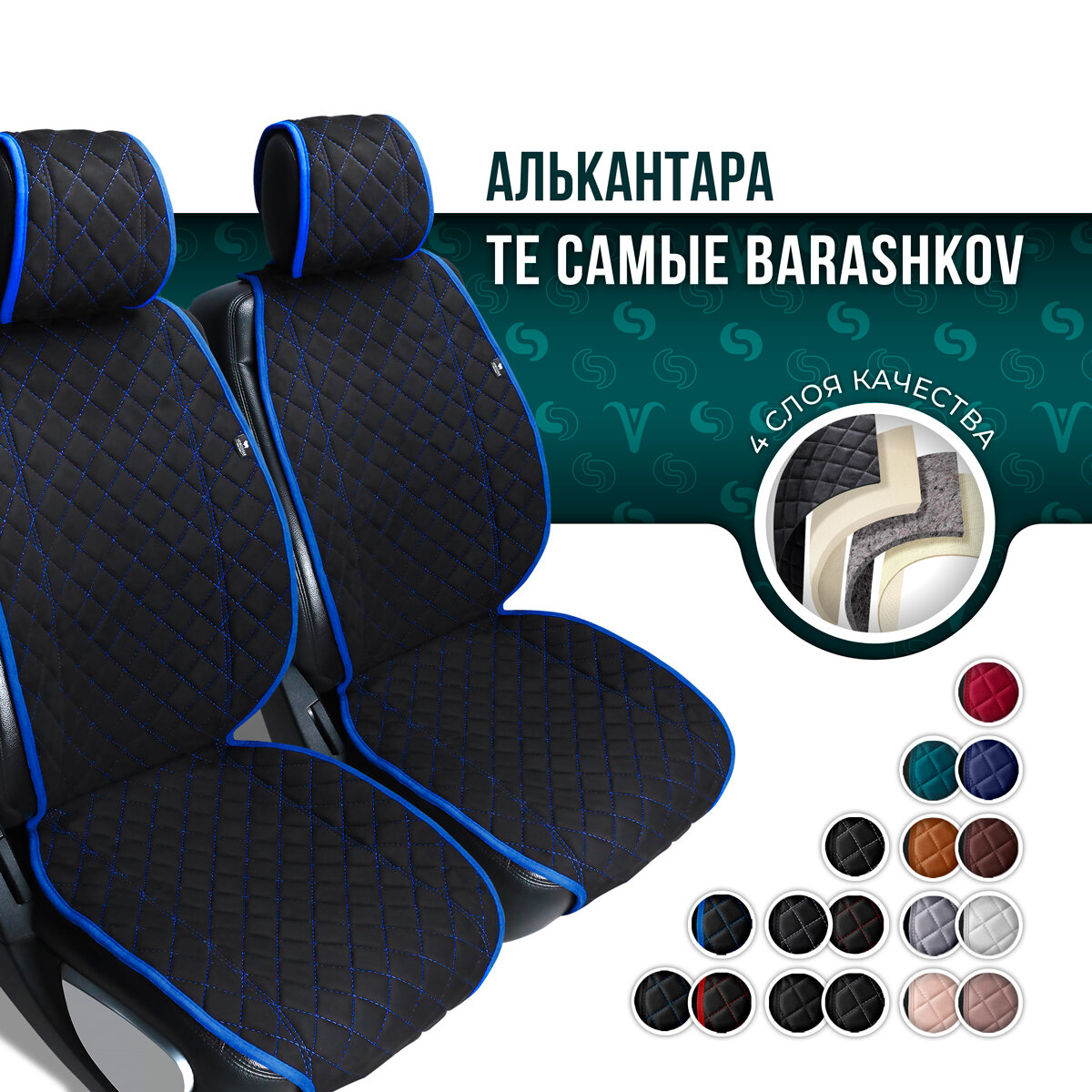 BARASHKOV/ Комплект накидок из алькантары на передние сиденья автомобиля "CLASSIC". Накидка чехол на сиденье 2 шт. Модель L. Черный/синий кант