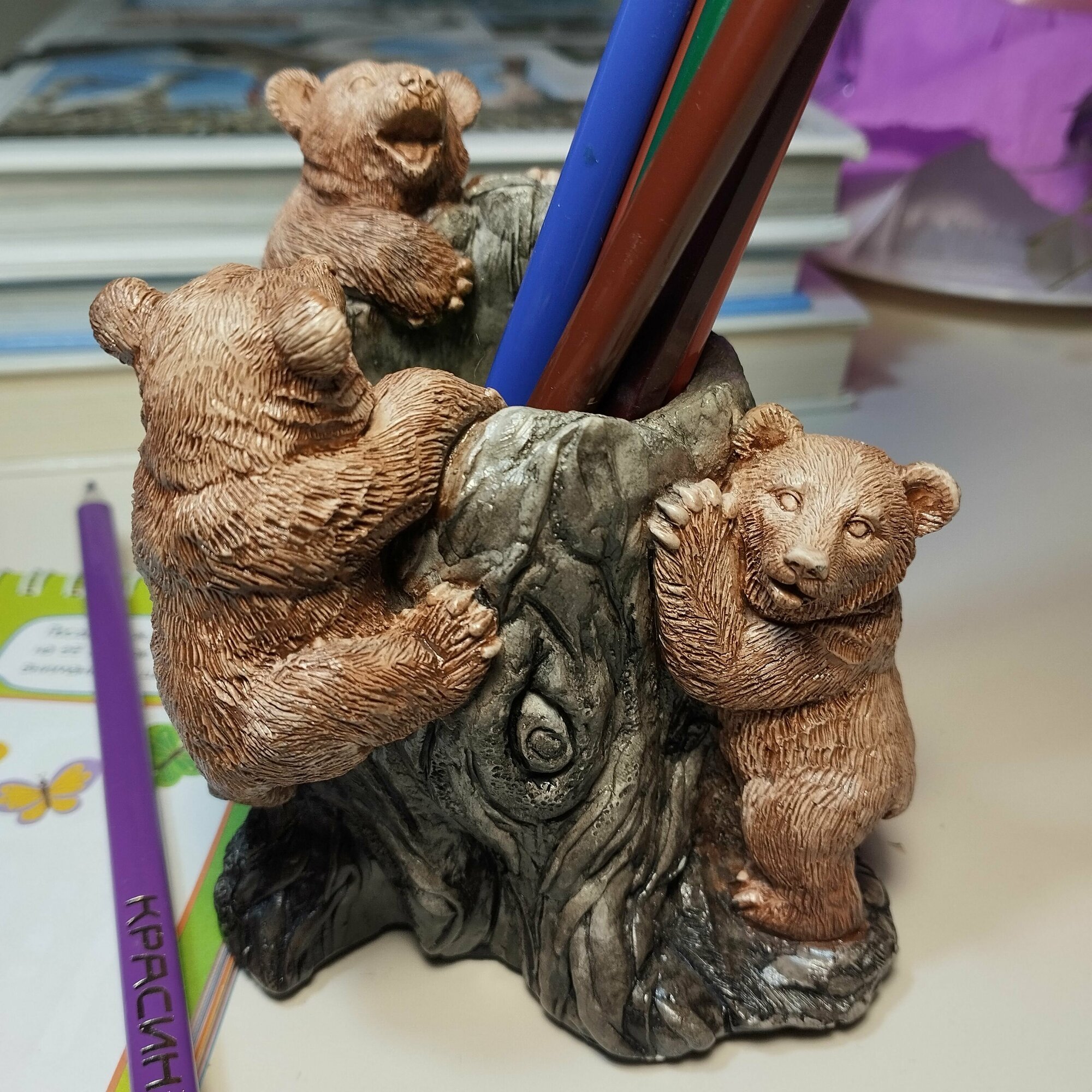 Карандашница "Медвежата" - Подставка для карандашей и ручек из гипса