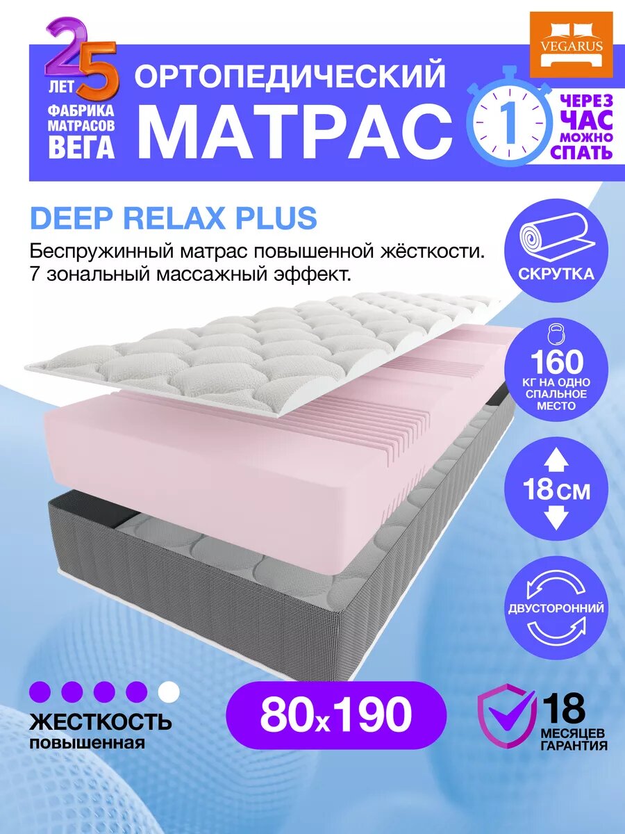 Матрас 80×190 на кровать беспружинный ортопедический Deep Relax Plus