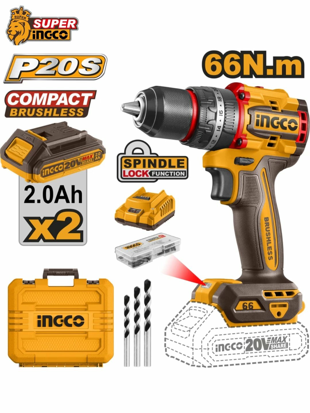 Аккумуляторный ударный шуруповерт INGCO 20V BRUSHLESS, 66 Н·м, 2 аккумулятора 2.0Аh, кейс, биты и сверла