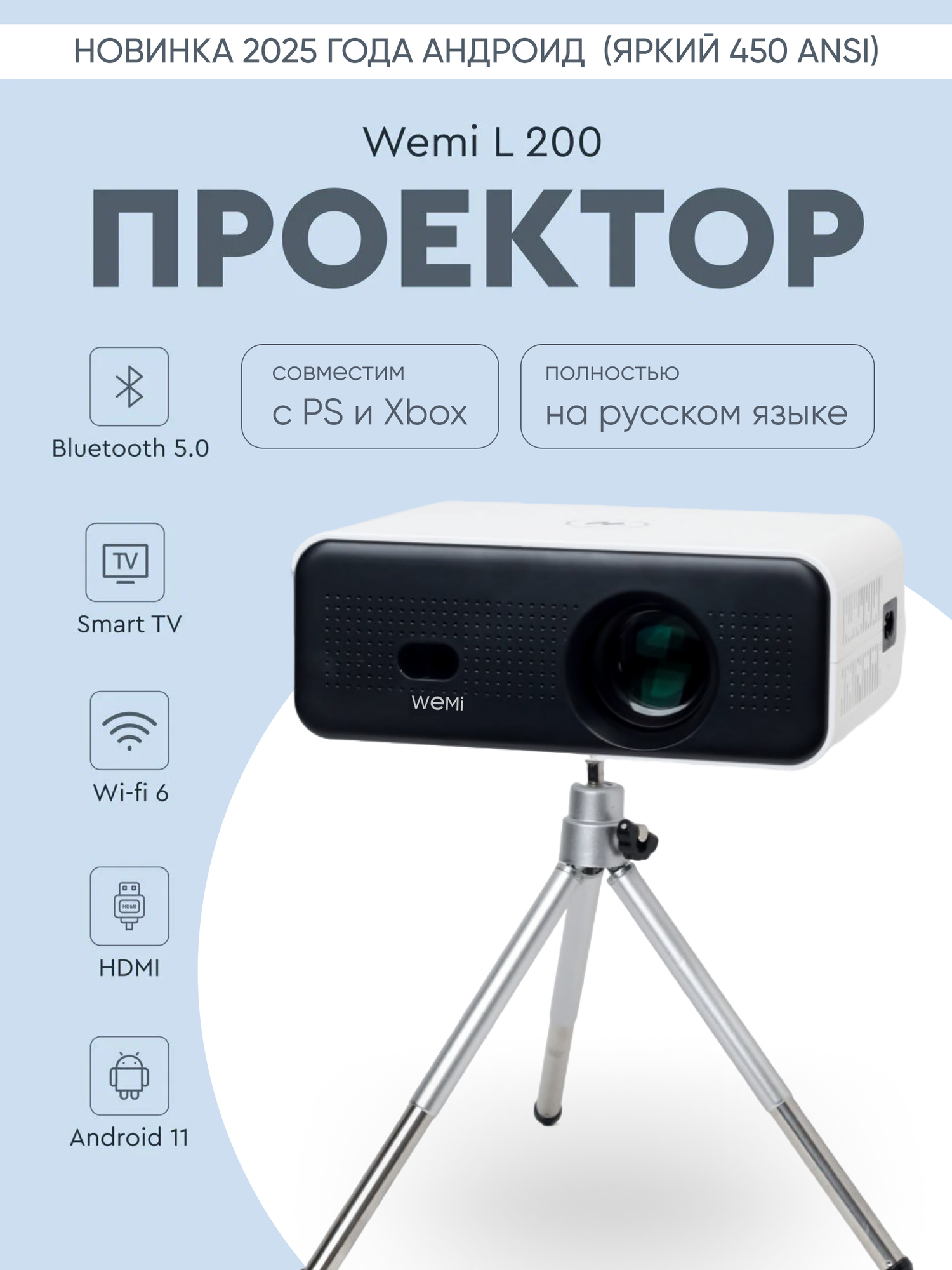 Проектор для домашнего кинотеатра WEMI L 200, поддержка 4К , android 11, автофокус , 2 встроенных динамика.