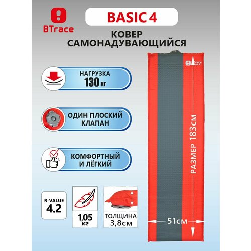 Коврик туристический самонадувающийся Btrace Basic 4, красный, 183*51*3.8 см
