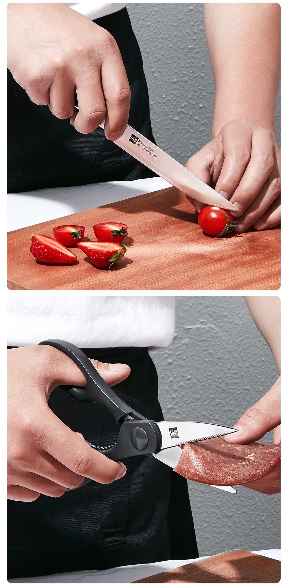 Набор Huo Hou Stainless steel kitchen Knife, 3 ножа, ножницы и подставка - фотография № 14