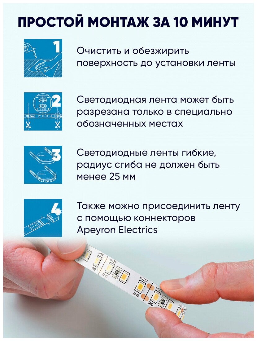 Светодиодная лента для подсветки рабочей зоны SMD 3528 120 диод/10 Вт/м 24 В 8 мм IP20 3 м холодный белый свет Apeyron - фото №16