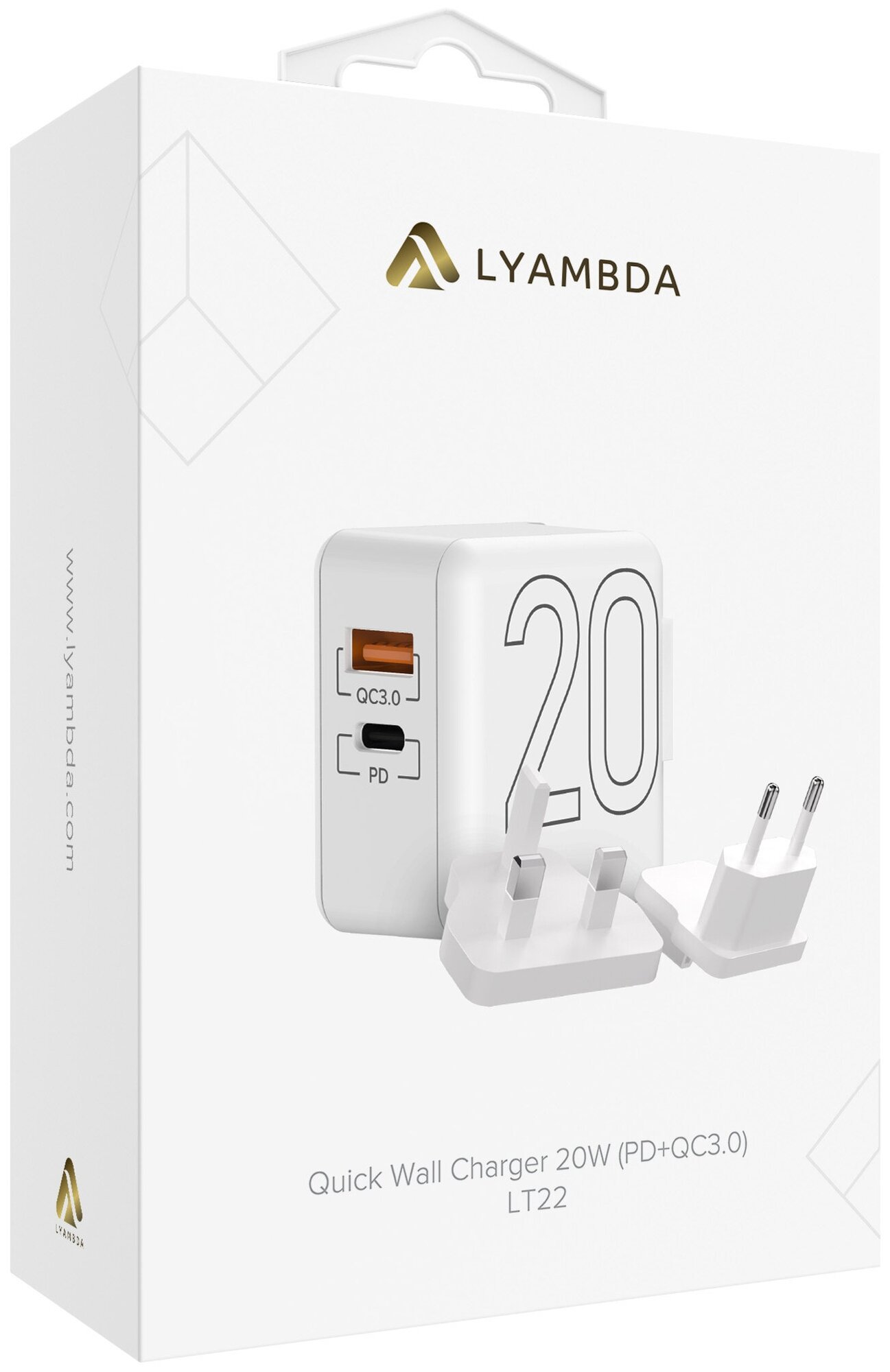 Cетевое зарядное устройство Lyambda 20Вт c 2-мя выходами (PD+QC30) LT22