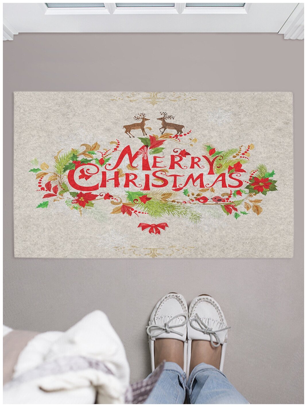 Придверный коврик в прихожую JoyArty "Счастливого Рождества" для обуви, на резиновой основе, 75x45 см