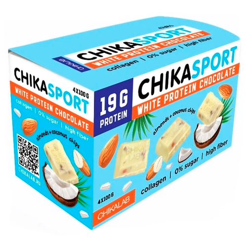 Протеиновые чипсы Chikalab белый с миндалем и кокосовыми чипсами, 100 г, белый шоколад с миндалём и кокосовыми чипсами