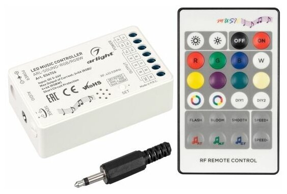 034726 Аудиоконтроллер ARL-SOUND-RGB/RGBW (12-24V, 4x4A, RF ПДУ 24кн) (Arlight, IP20 Пластик, 3 года)