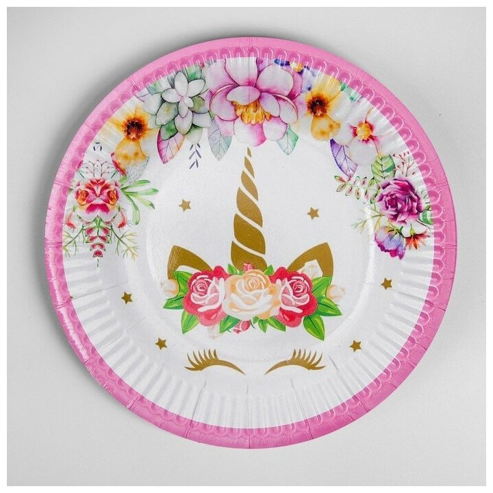 Страна Карнавалия Тарелка бумажная «Единорог и цветы», набор 6 шт., цвет розовый