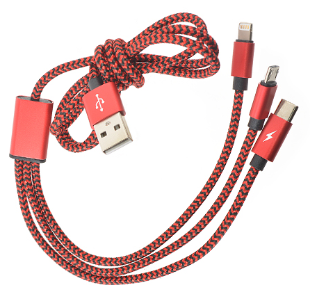 Кабель зарядный ROBITON P12 Multicord Lightning (Apple 8pin), Micro-USB и Type-C красный PH1