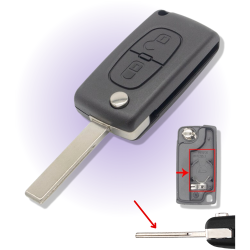 Корпус ключа зажигания Пежо, корпус ключа Peugeot, 2 кнопки, батарейка на корпусе, лезвие HU83