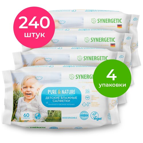 Влажные салфетки Pure&Nature Пантенол и овсяное молочко, липучка, 60 шт., 4 уп.