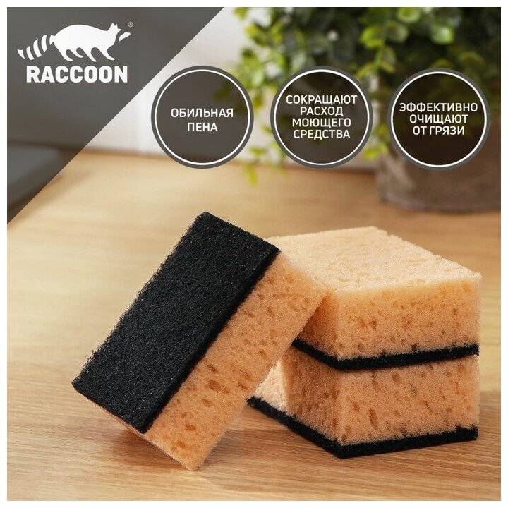 Набор губок для мытья посуды Raccoon «Лофт», 3 шт, 9×6,5×3,5 см, крупнопористый поролон, цвет бежевый