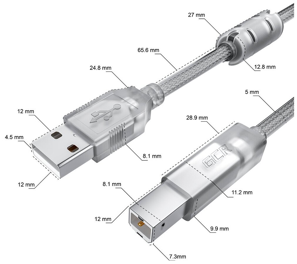 Кабель Gcr PROF 5.0m USB 2.0, AM/BM, прозрачный, ферритовые кольца, экран, армированный, морозостойкий, -52426