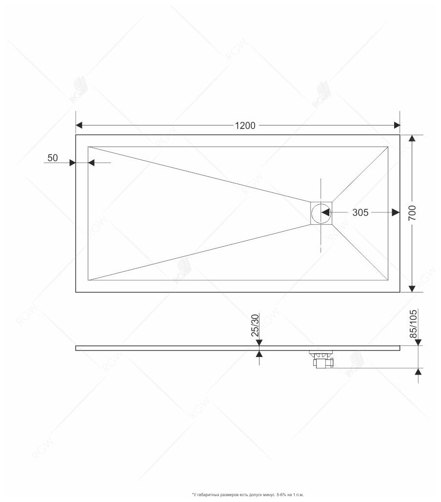 Душевой поддон RGW Stone Tray ST-G 1200х700х25 графит 16152712-02 - фотография № 4