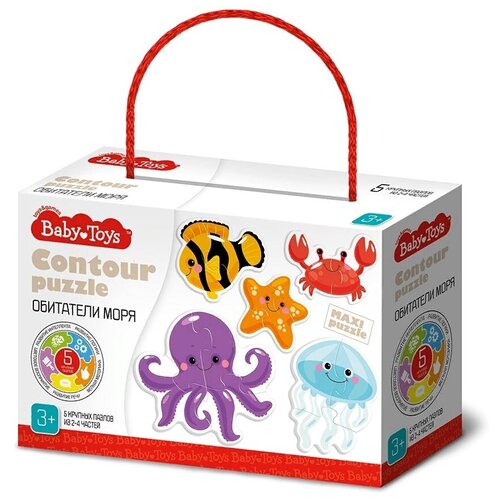 пазл вкладыш щепочка 4 фигурки из 3 х частей d0901 Пазлы контурные Baby Toys. Обитатели моря