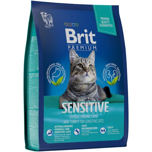 Сухой корм для кошек Brit Premium Sensitive с чувствительным пищеварением, гипоаллергенный, с ягненком и индейкой 400 г (кусочки в соусе) сухой сухой корм для кошек с чувствительным пищеварением brit premium cat sensitive ягненок 800 г