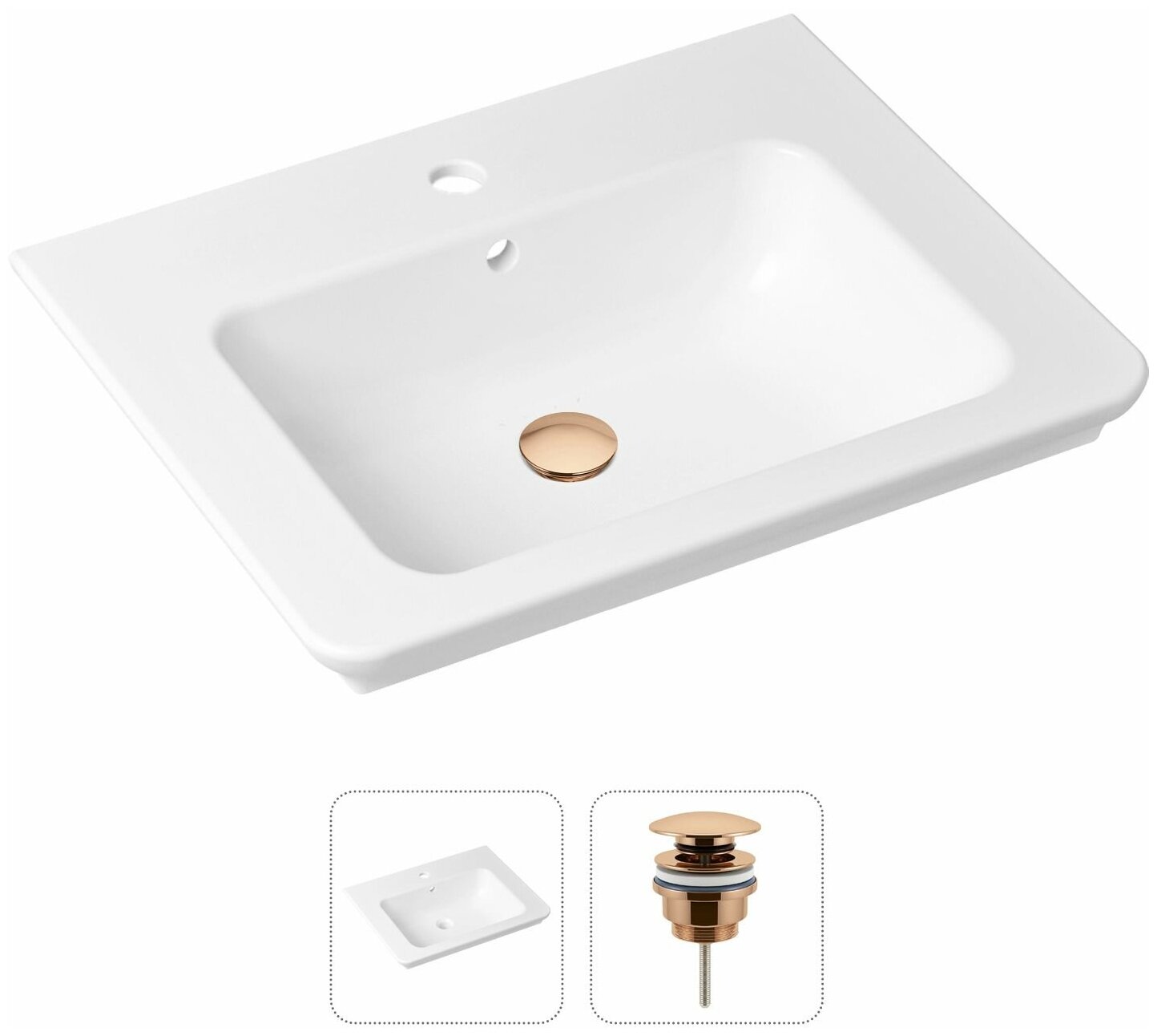 Врезная раковина в ванную Lavinia Boho Bathroom Sink 21520865 в комплекте 2 в 1: умывальник белый, донный клапан в цвете розовое золото