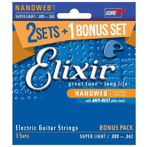 Набор струн Elixir 16540 NANOWEB SUPER LIGHT 3Set, 1 уп. струны для электрогитары elixir 12152 nanoweb heavy 12 16 24 32 42 52